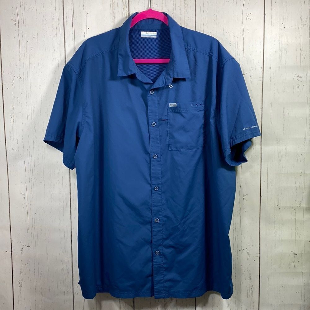 Columbia PFG Mens Blue Short Sleeve Button Shirt